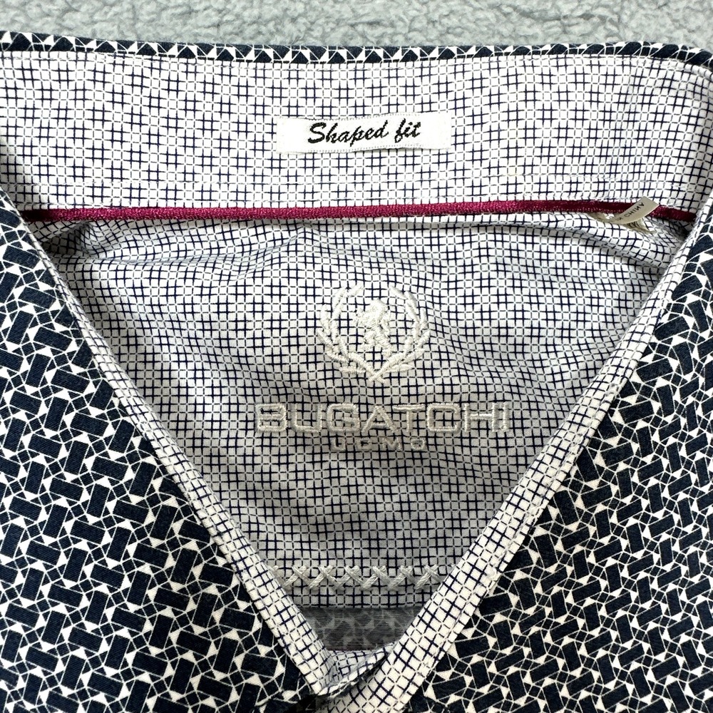 Bugatchi Uomo Shirt Mens XXL Shaped Fit Blue White Geometric All Day Casual Prep - Picture 3 of 15